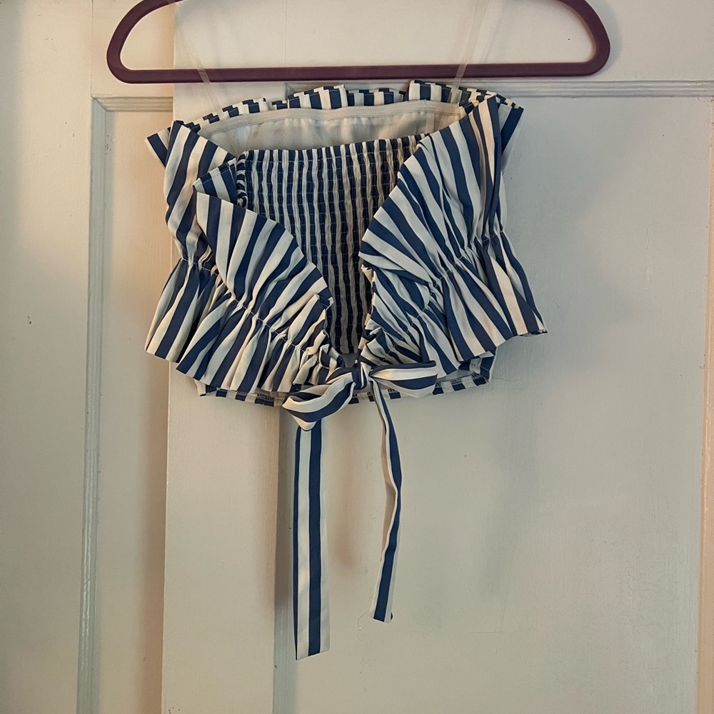 DO+BE Blue and White stripe Strapless Top - Picture 2 of 7
